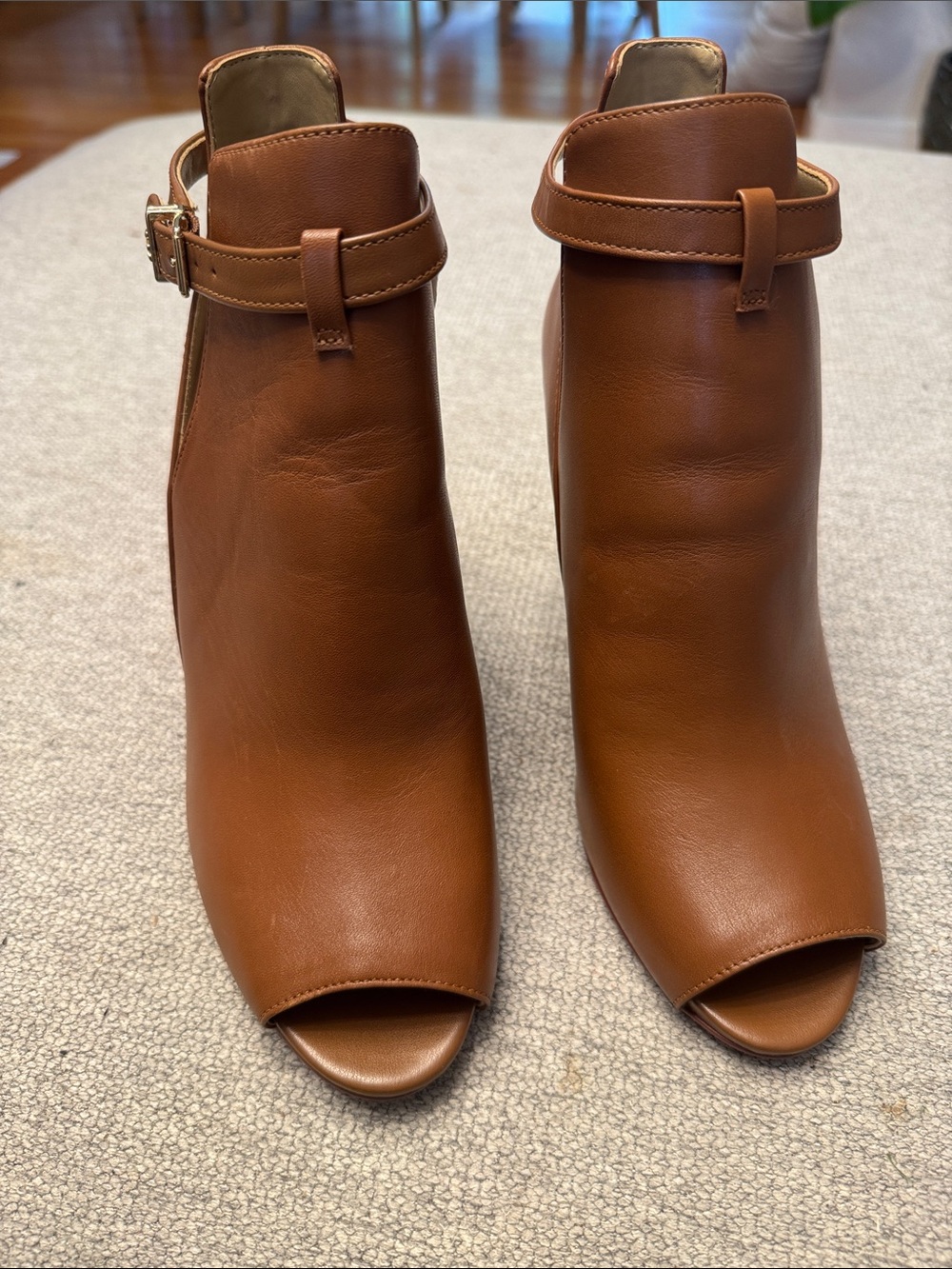 Michael Kors Lawson Leather Open Toe Booties Luggage Brown Size 8 NWOT